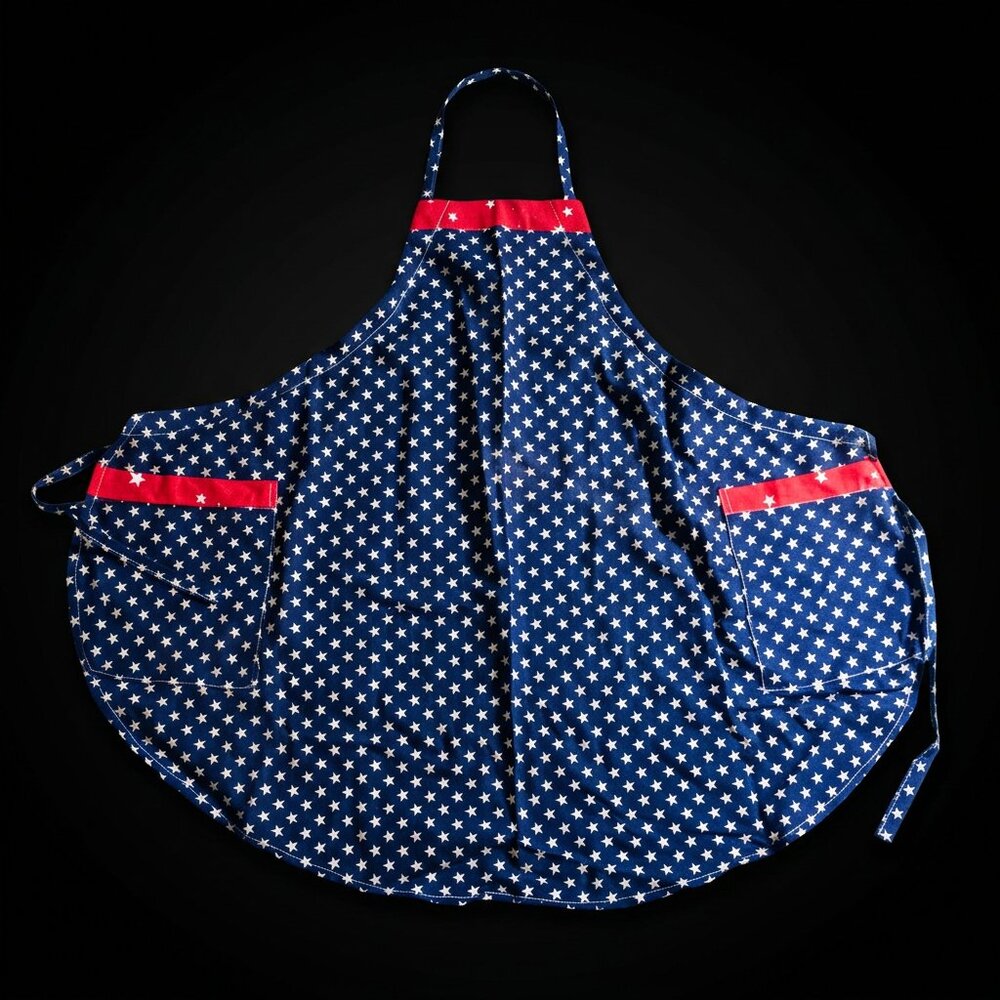 Homemade Blue & White Star Full Body Apron - 29" Length - Red Trim Accents